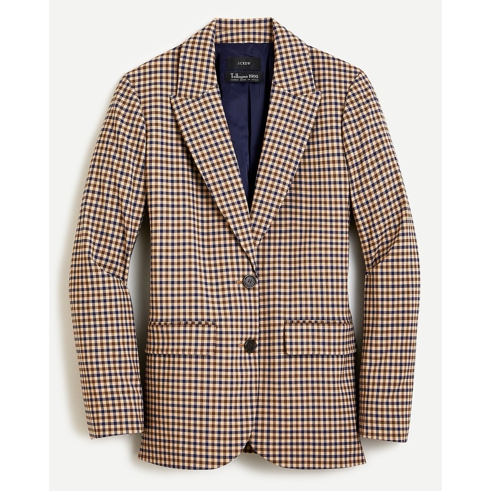 J. Crew Boyfriend Blazer‎ Plaid Italian Stretch Wool Brown Women 2 Tollegno 1900